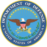 Department-of-Defense-Logo The official seal of the Department of Defense (DoD): a circular emblem featuring a bald eagle with wings spread, clutching arrows in one talon and an olive branch in the other, set against a background of a blue sky with clouds. Encircling the eagle are 13 white stars atop a white band with the inscription 'Department of Defense' in blue.
